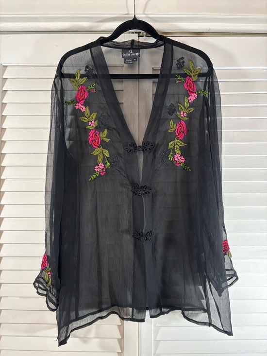 Carole Little Tops - Carole Little Women’s Silk Sheer Embroidered Blouse Size 16 Black Floral Boho